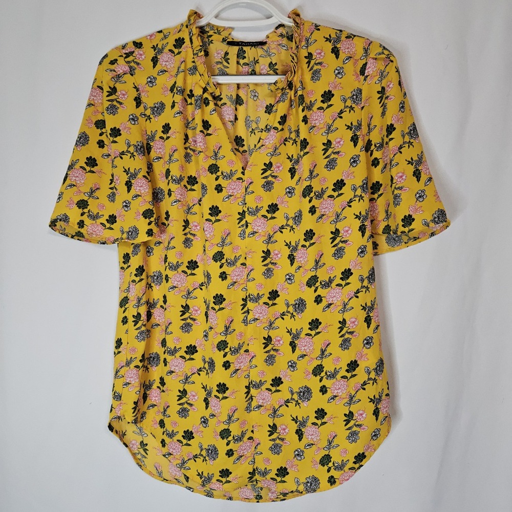 Blouse Women XS Yellow Excellent Floral Ruffle Neck T Tahari Cottagecore Spring‎